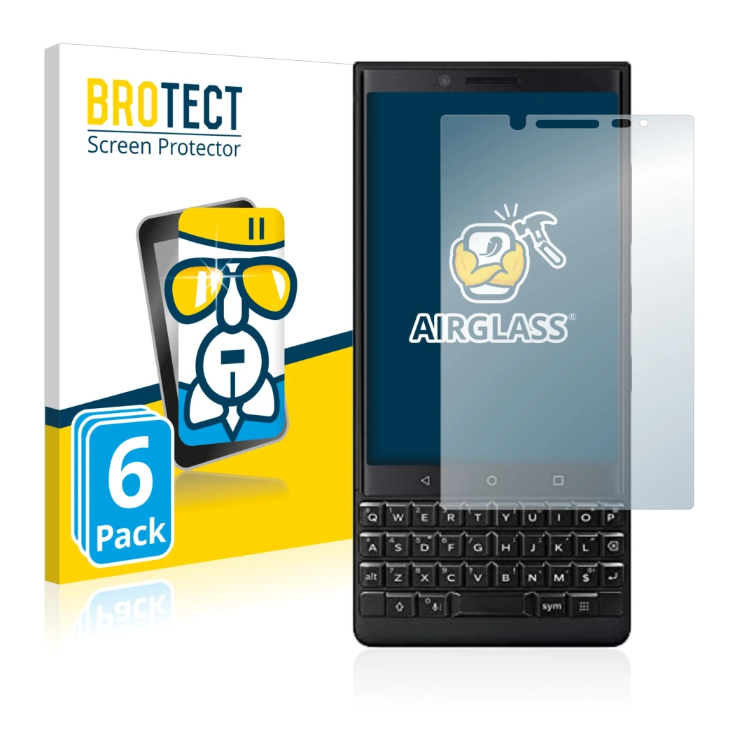 Front side of a product packaging with the brand logo BROTECT. Next to it is the device BlackBerry Key2 (Dual Sim) shown with