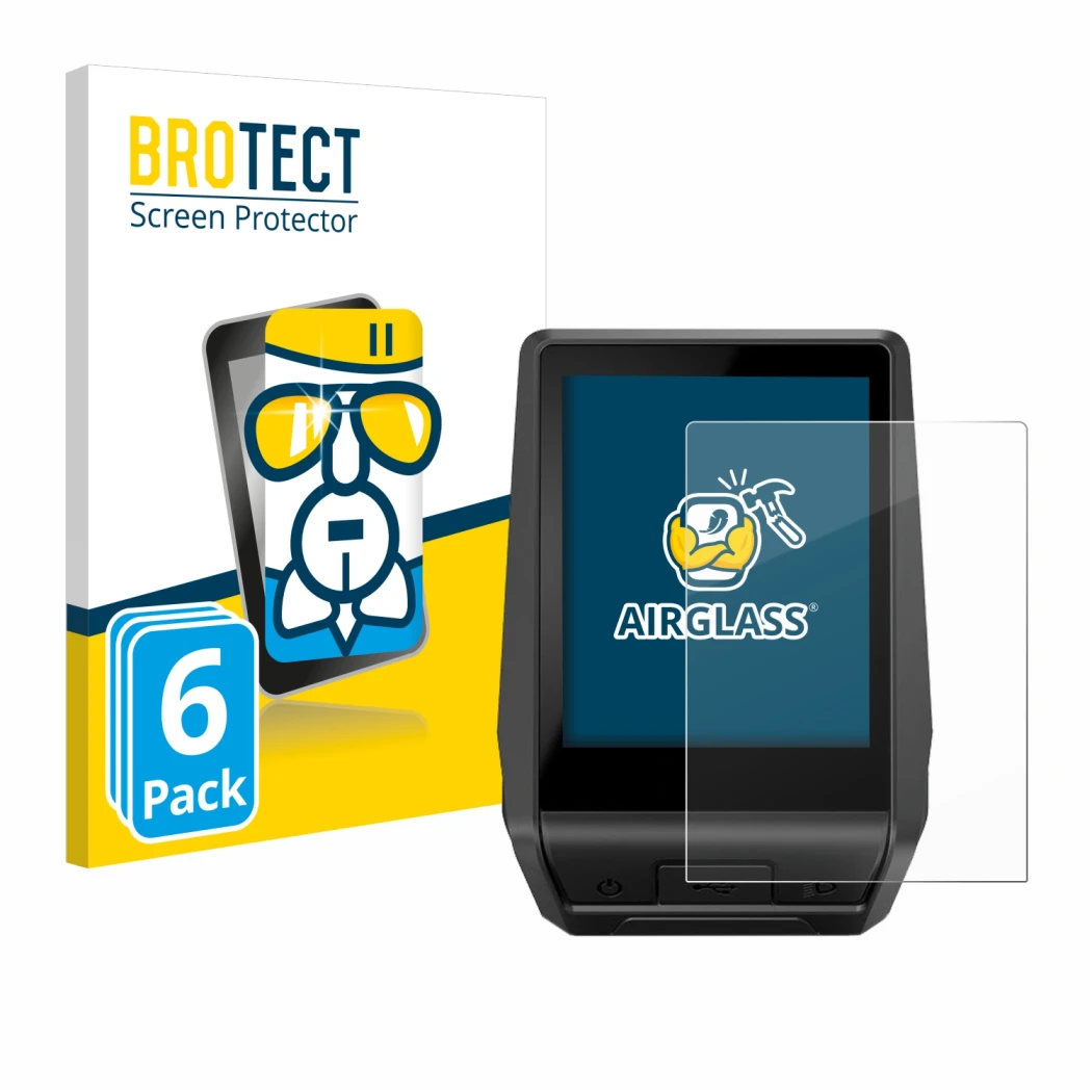 Front side of a product packaging with the brand logo BROTECT. Next to it is the device Bosch Nyon 2 2021 shown with the corre