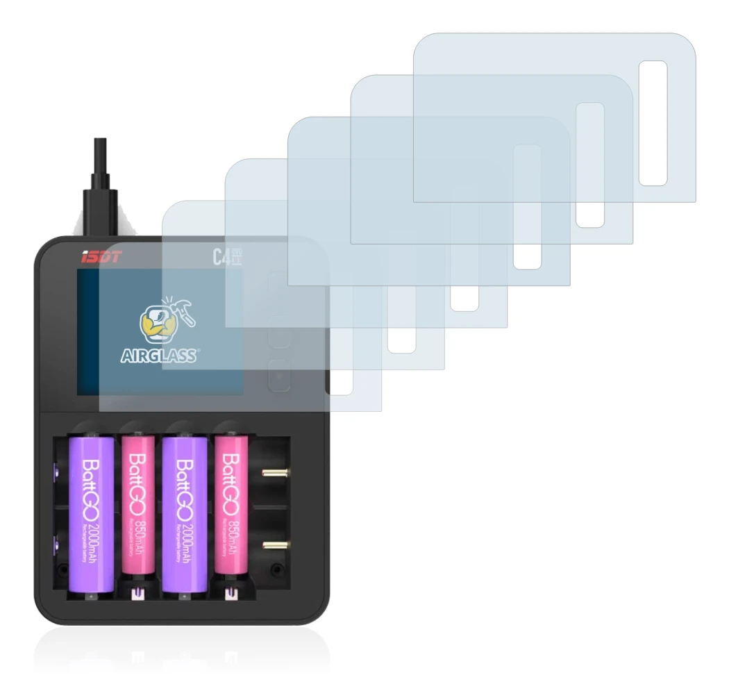 Image of the device ISDT C4 Evo with a wide variety of screen protectors.
