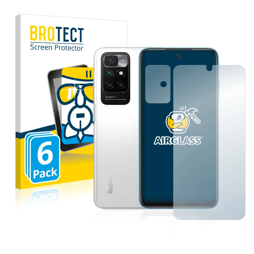 Front side of a product packaging with the brand logo BROTECT. Next to it is the device Xiaomi Redmi 10 (Front+Camera) shown w