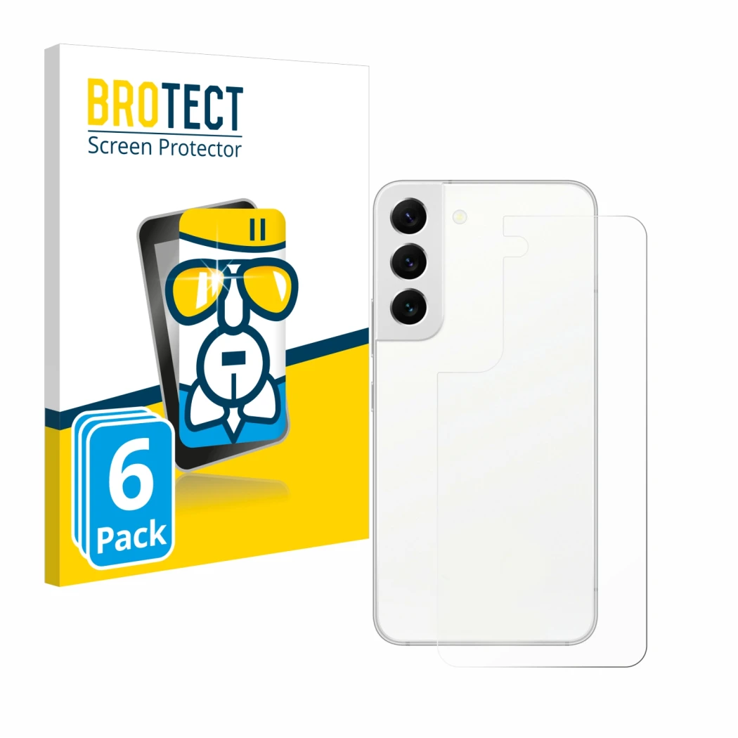 Front side of a product packaging with the brand logo BROTECT. Next to it is the device Samsung Galaxy S22 5G (Back) shown wit