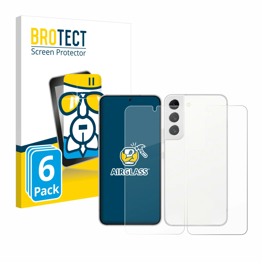 Front side of a product packaging with the brand logo BROTECT. Next to it is the device Samsung Galaxy S22 5G (Front+Back) sho