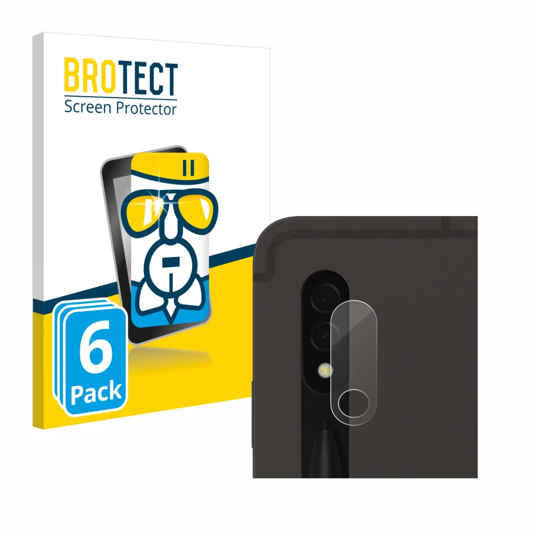 Front side of a product packaging with the brand logo BROTECT. Next to it is the device Samsung Galaxy Tab S8 5G (ONLY Camera 