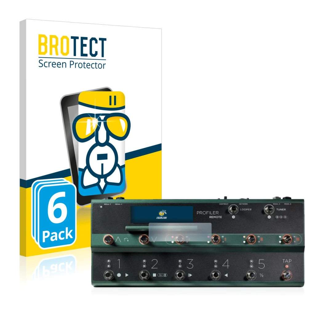 Front side of a product packaging with the brand logo BROTECT. Next to it is the device Kemper Profiler Remote shown with the 