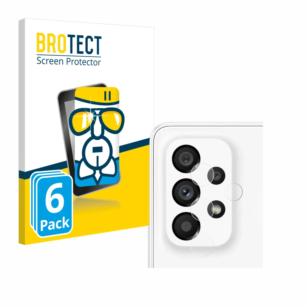 Front side of a product packaging with the brand logo BROTECT. Next to it is the device Samsung Galaxy A53 5G (ONLY Camera Len