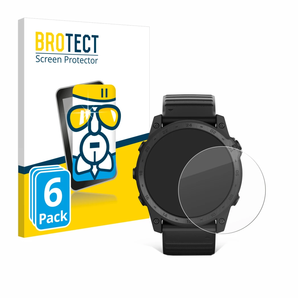Front side of a product packaging with the brand logo BROTECT. Next to it is the device Garmin Tactix 7 Pro Ballistics shown w