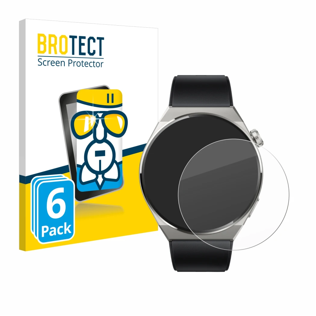 Front side of a product packaging with the brand logo BROTECT. Next to it is the device Huawei Watch GT 3 Pro Titanium (46mm)