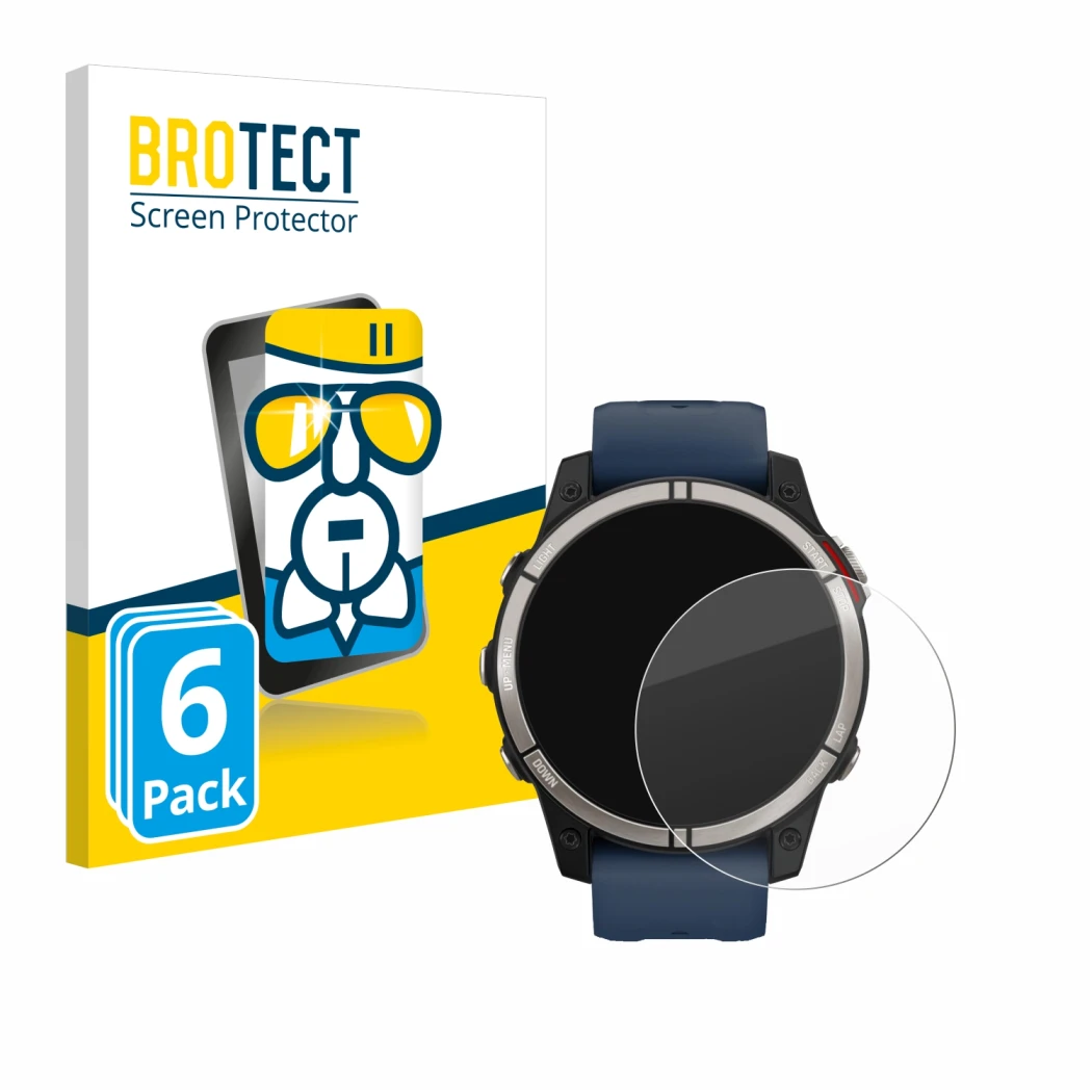 Front side of a product packaging with the brand logo BROTECT. Next to it is the device Garmin quatix 7 shown with the corresp