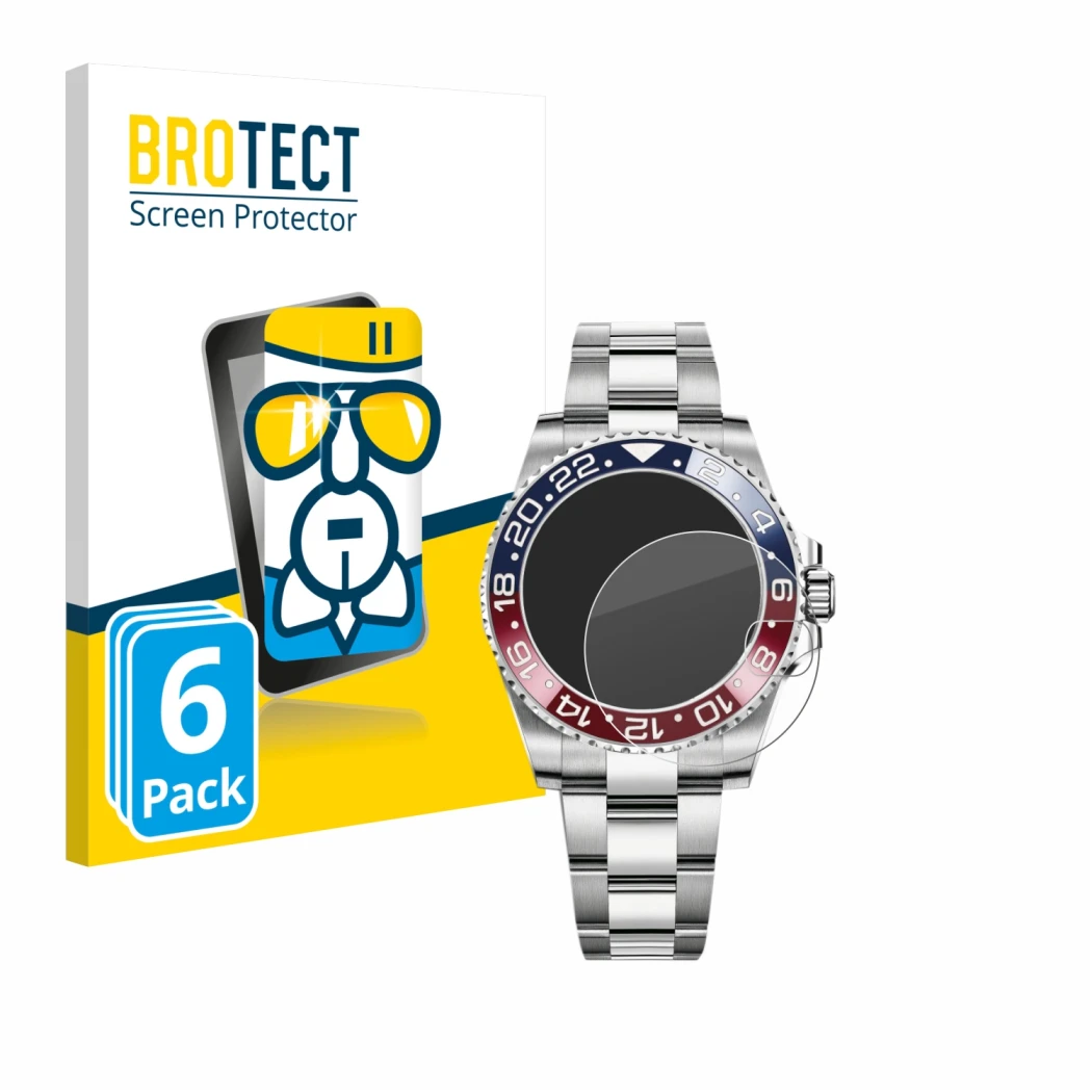 Front side of a product packaging with the brand logo BROTECT. Next to it is the device Rolex GMT-Master II shown with the cor