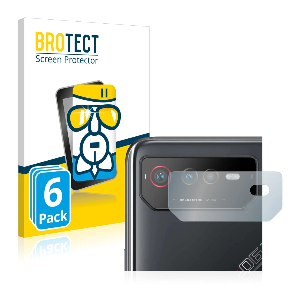 Front side of a product packaging with the brand logo BROTECT. Next to it is the device ASUS ROG Phone 6 (ONLY Camera Lens) sh