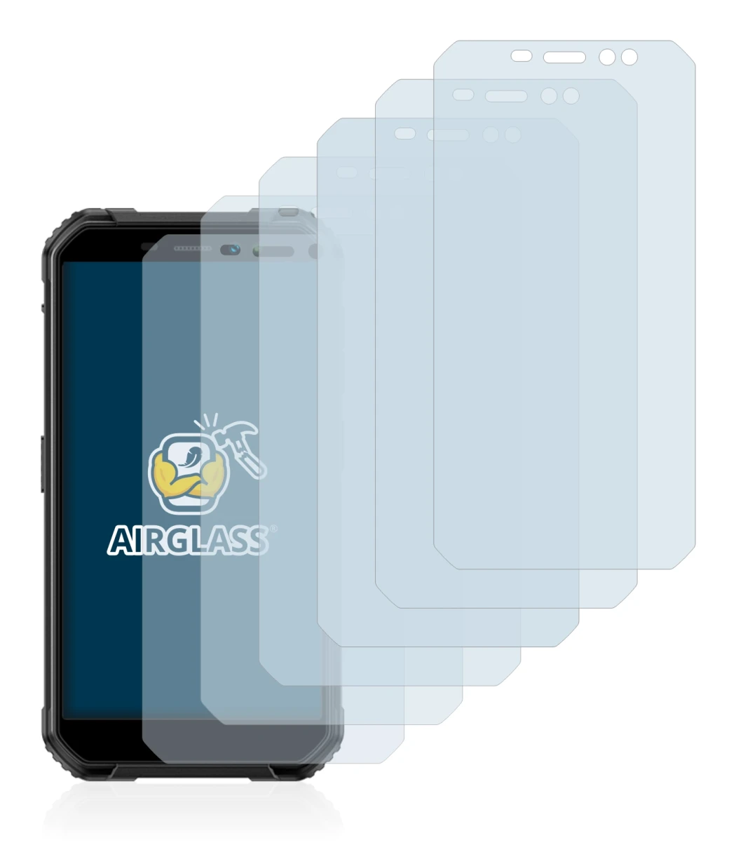 Image of the device Ulefone Armor X6 Pro with a wide variety of screen protectors.