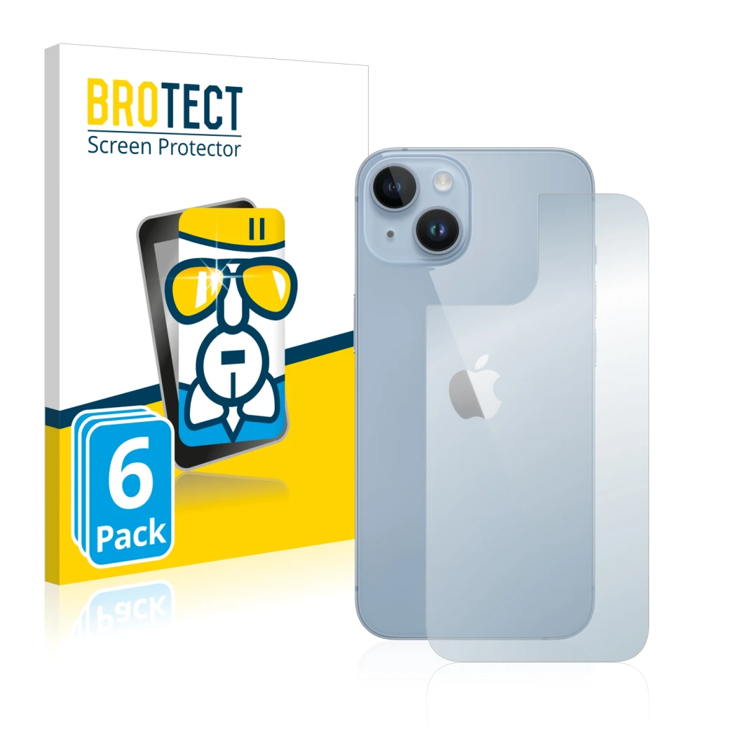 Front side of a product packaging with the brand logo BROTECT. Next to it is the device Apple iPhone 14 (Back) shown with the 