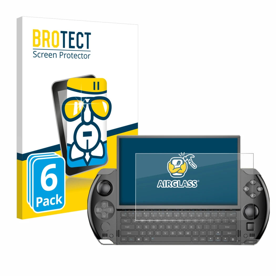 Front side of a product packaging with the brand logo BROTECT. Next to it is the device GPD Win 4 shown with the corresponding