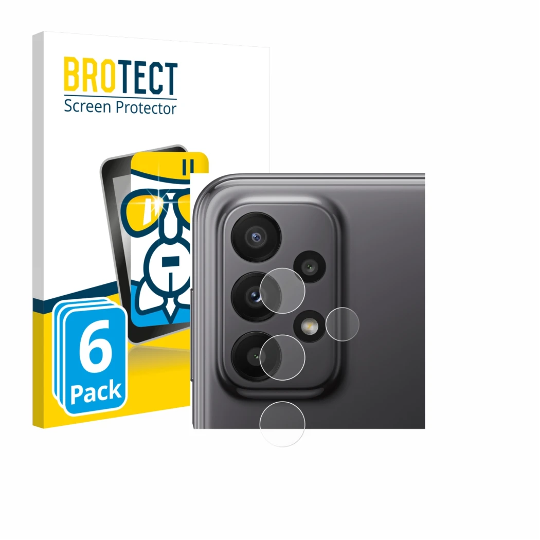 Front side of a product packaging with the brand logo BROTECT. Next to it is the device Samsung Galaxy A23 5G (ONLY Camera Len