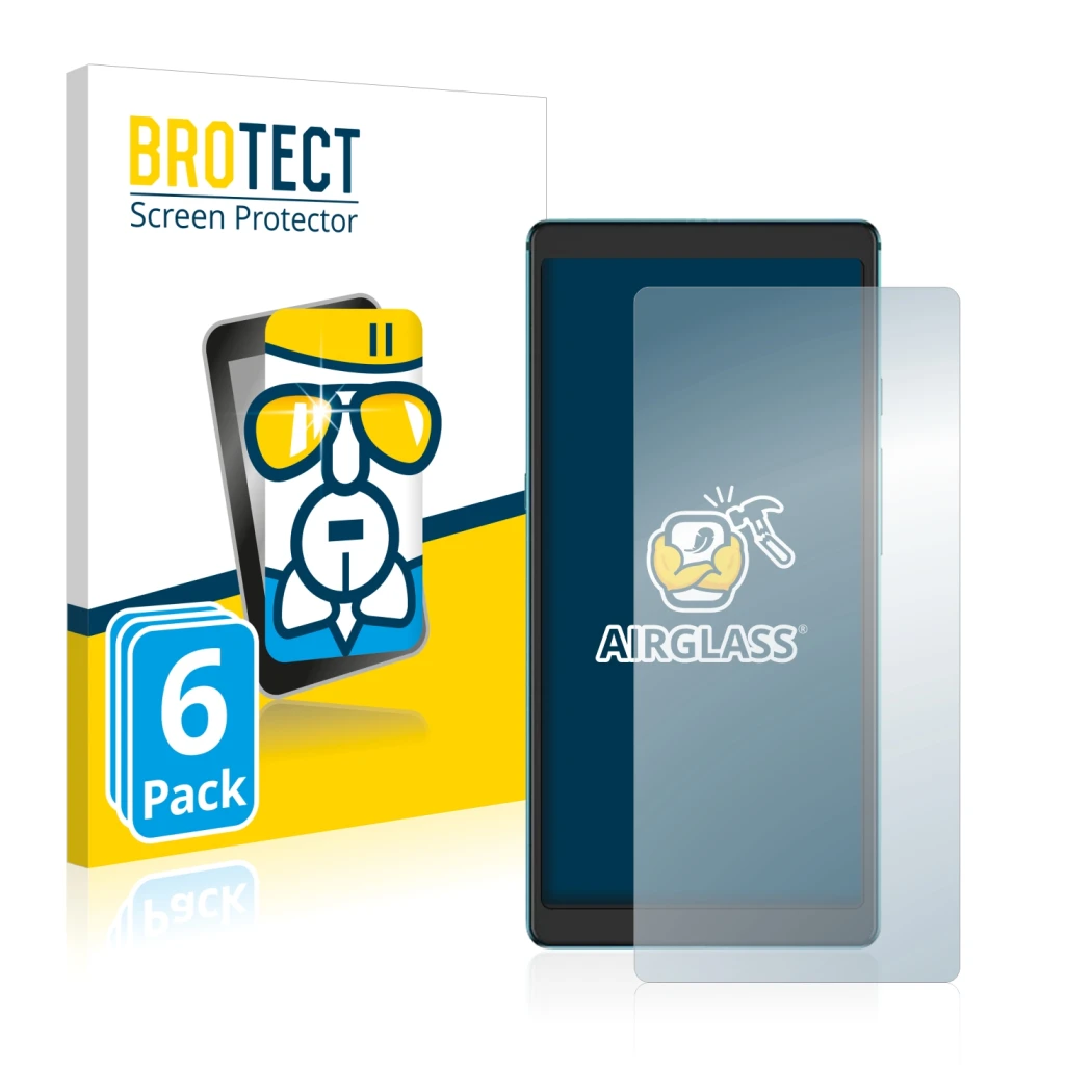 Front side of a product packaging with the brand logo BROTECT. Next to it is the device Hisense Touch Lite shown with the corr