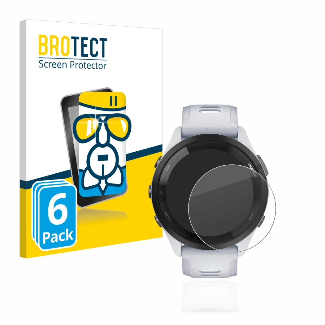 Front side of a product packaging with the brand logo BROTECT. Next to it is the device Garmin Forerunner 265 (46 mm) shown wi