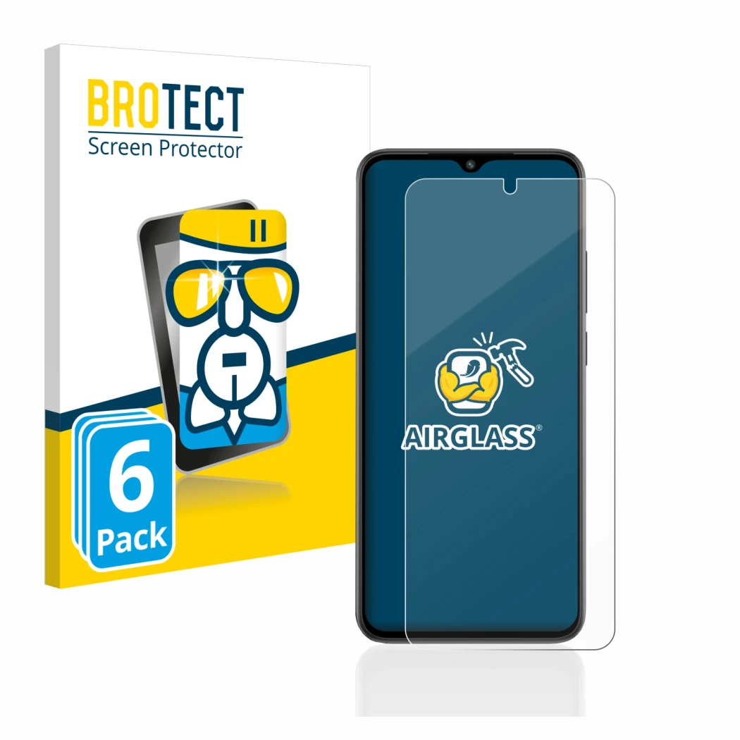 Front side of a product packaging with the brand logo BROTECT. Next to it is the device Xiaomi Redmi A2 shown with the corresp