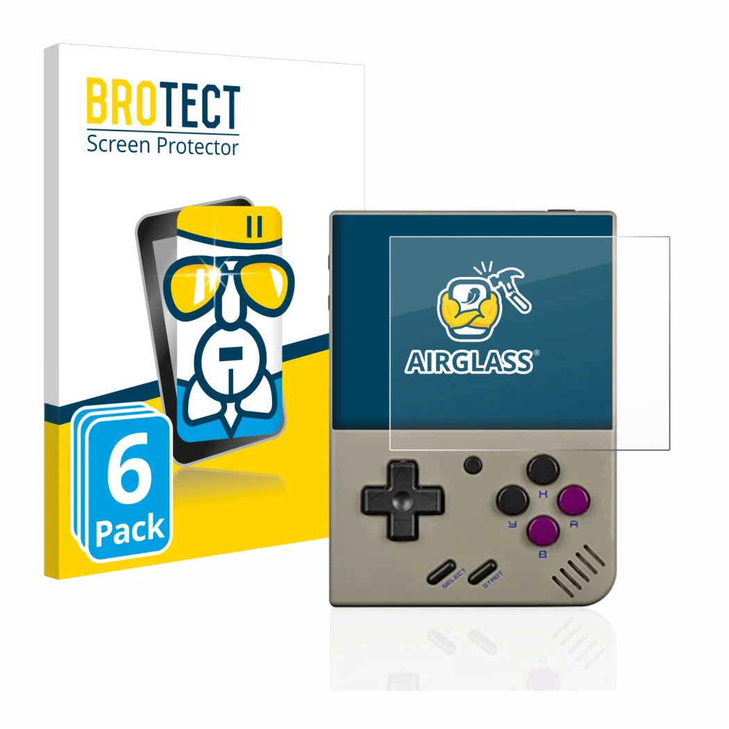 Front side of a product packaging with the brand logo BROTECT. Next to it is the device Miyoo Mini Plus shown with the corresp