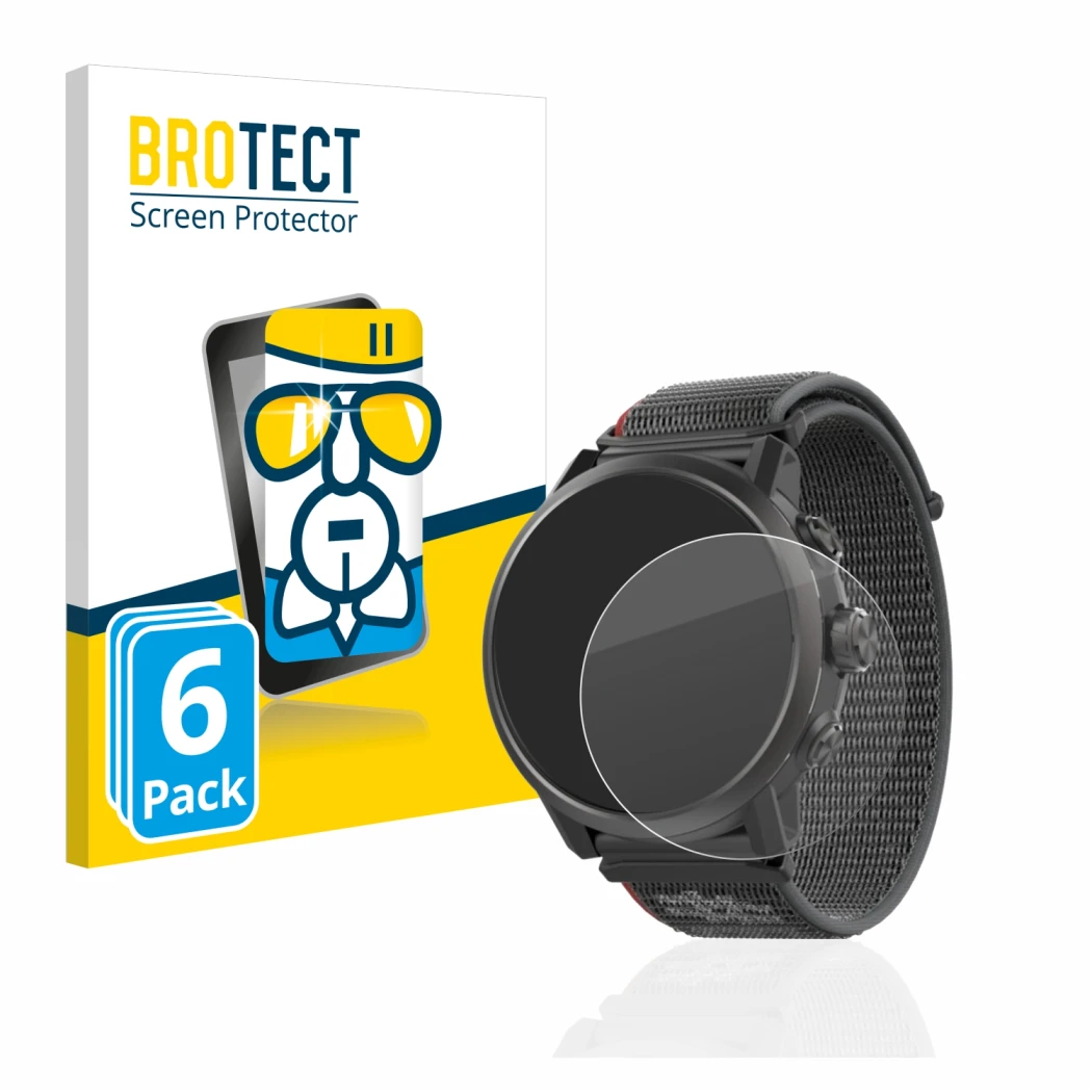 Front side of a product packaging with the brand logo BROTECT. Next to it is the device Coros Apex 2 shown with the correspond