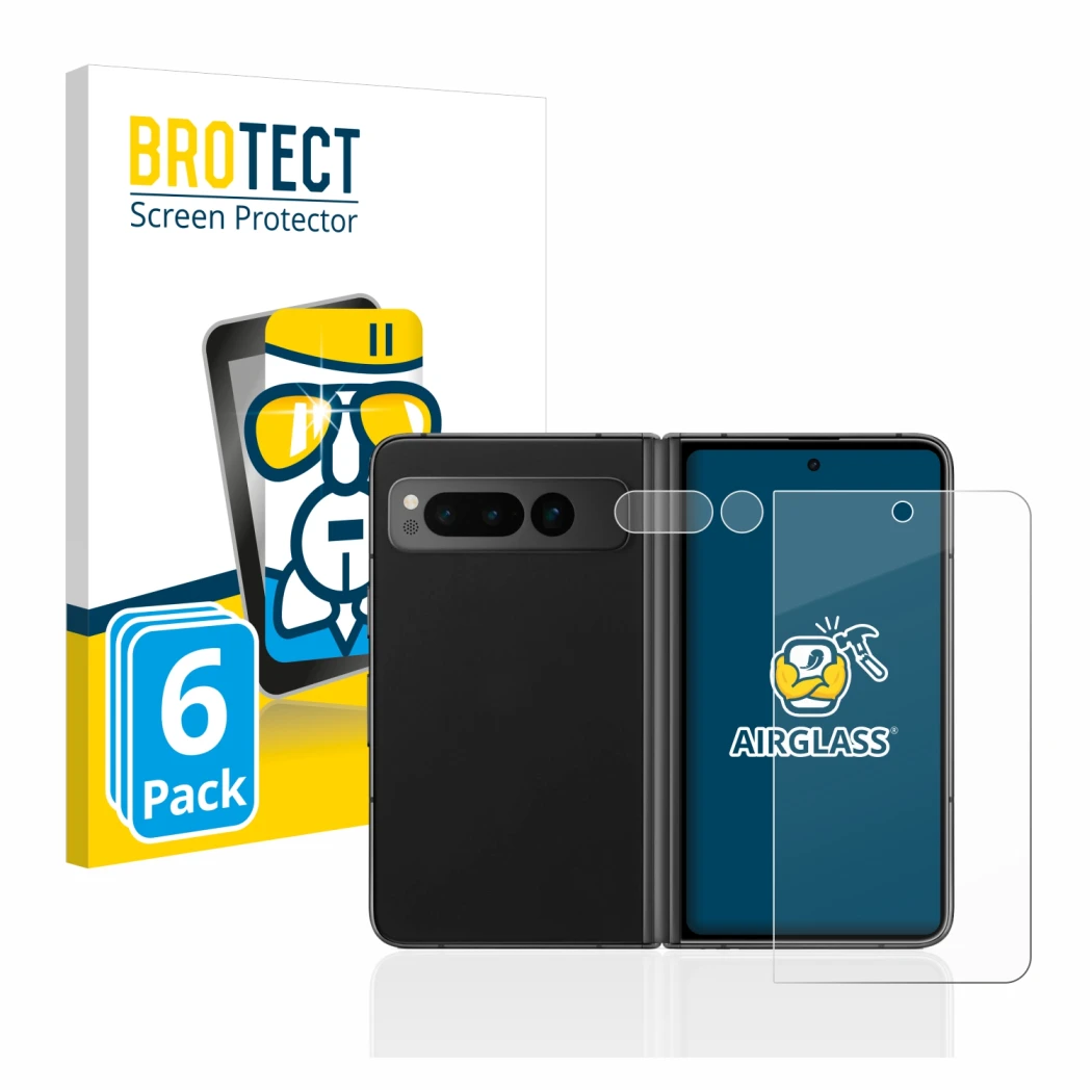 Front side of a product packaging with the brand logo BROTECT. Next to it is the device Google Pixel Fold (Front+Camera) shown