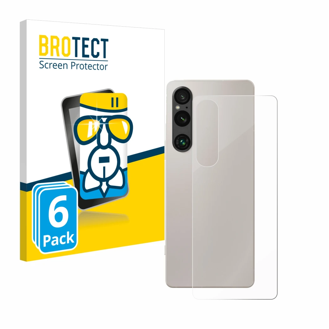 Front side of a product packaging with the brand logo BROTECT. Next to it is the device Sony Xperia 1 V (Back) shown with the 