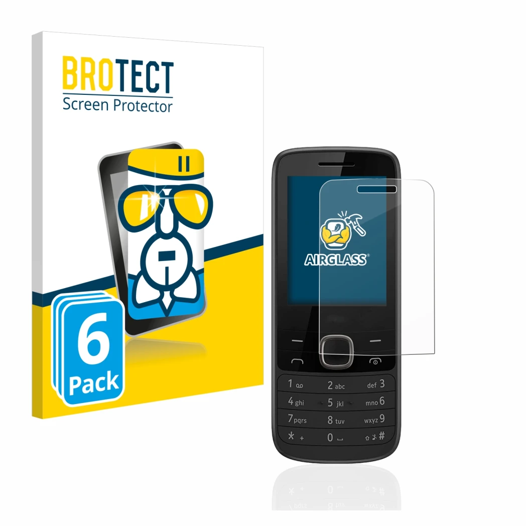 Front side of a product packaging with the brand logo BROTECT. Next to it is the device Nokia 225 4G shown with the correspond