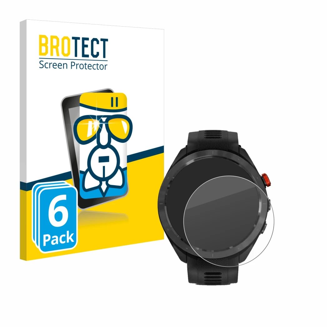 Front side of a product packaging with the brand logo BROTECT. Next to it is the device Garmin Approach S70 (47 mm) shown with