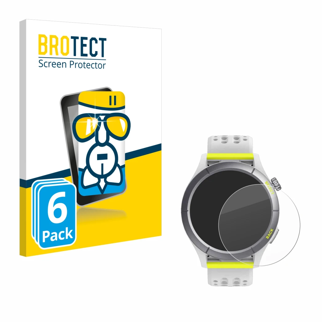 Front side of a product packaging with the brand logo BROTECT. Next to it is the device Huami Amazfit Cheetah shown with the c