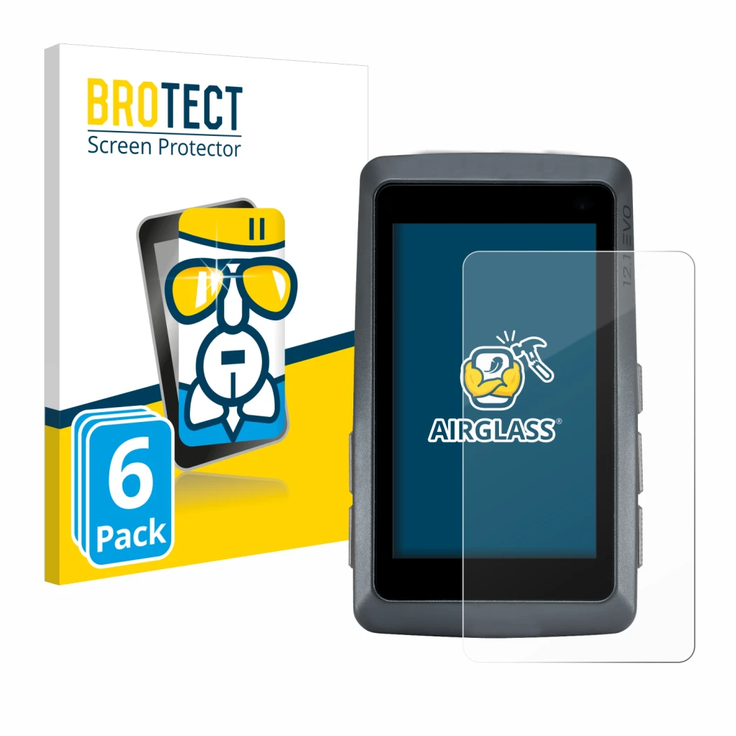 Front side of a product packaging with the brand logo BROTECT. Next to it is the device Sigma ROX 12.1 EVO shown with the corr