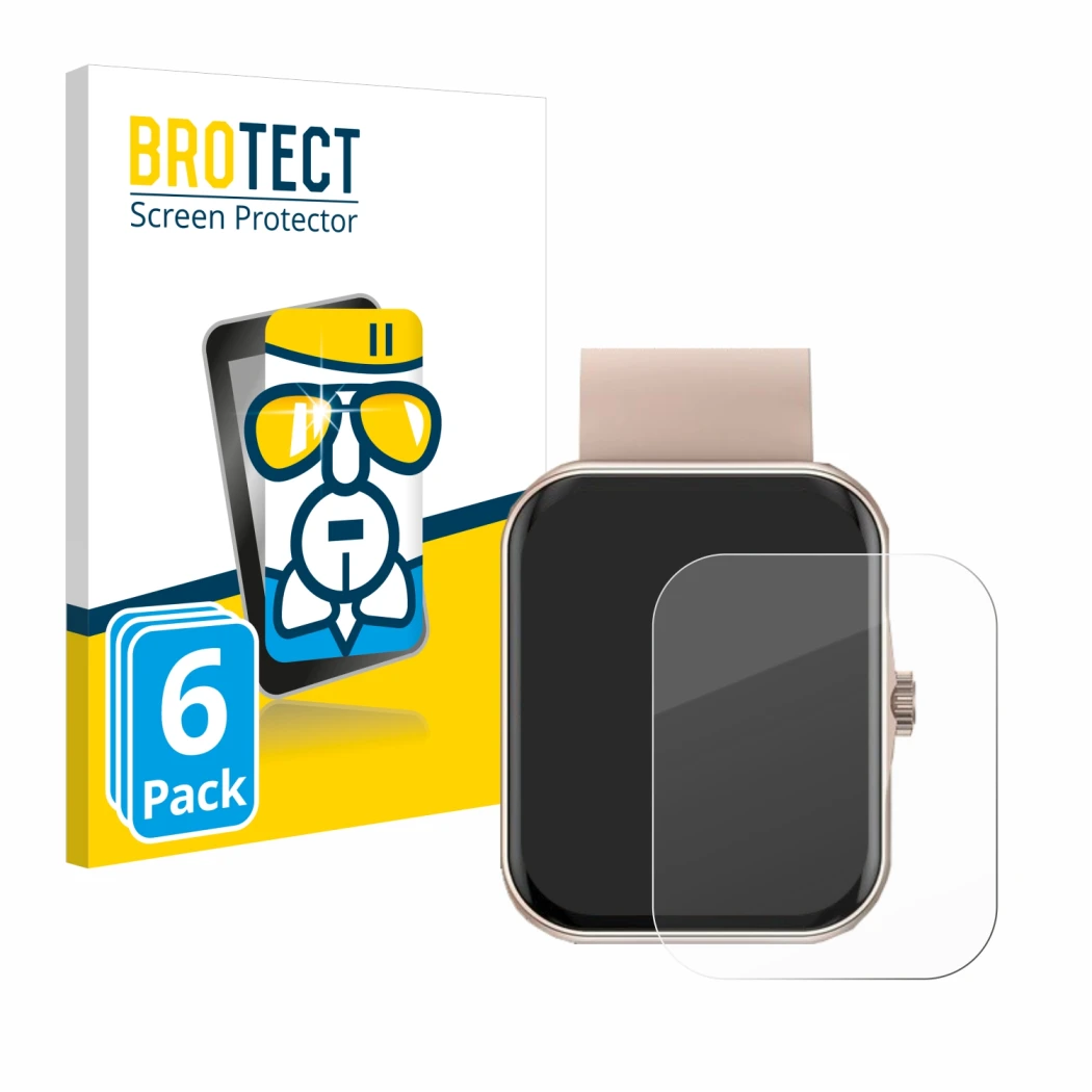 Front side of a product packaging with the brand logo BROTECT. Next to it is the device Mutoy Smartwatch 1.83