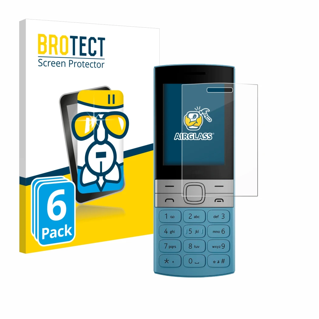 Front side of a product packaging with the brand logo BROTECT. Next to it is the device Nokia 150 (2023) shown with the corres