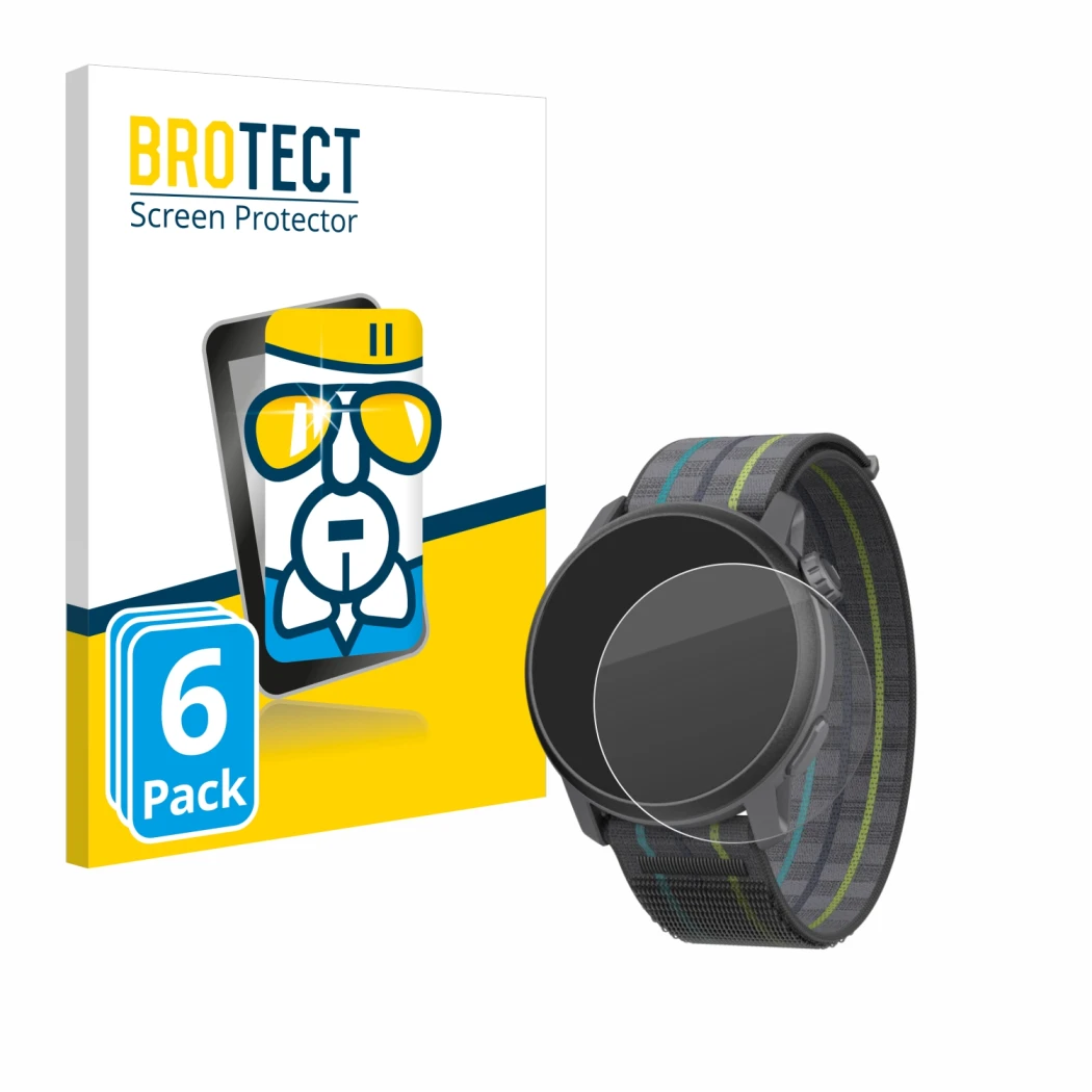Front side of a product packaging with the brand logo BROTECT. Next to it is the device Coros Pace 3 shown with the correspond