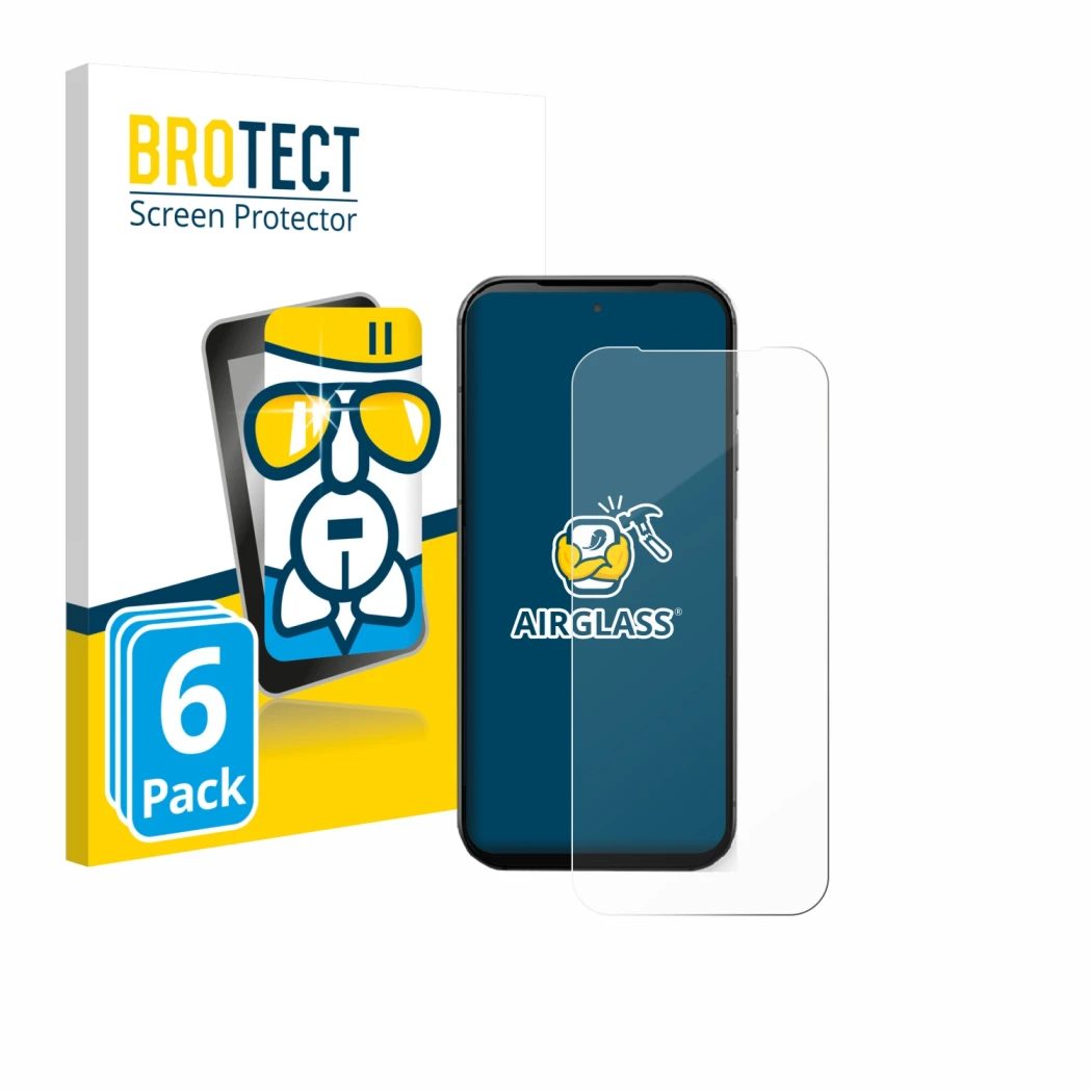 Front side of a product packaging with the brand logo BROTECT. Next to it is the device Fairphone 5 shown with the correspondi