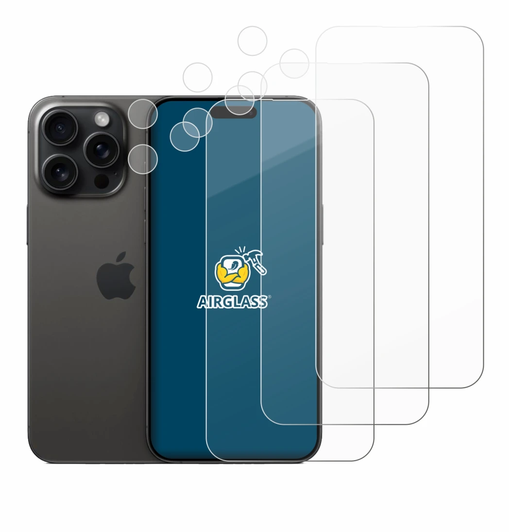 Image of the device Apple iPhone 15 Pro Max (Front+Camera) with a wide variety of screen protectors.