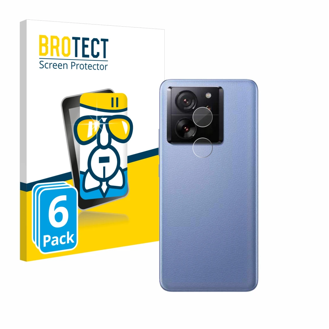 Front side of a product packaging with the brand logo BROTECT. Next to it is the device Xiaomi 13T Pro (ONLY Camera Lens) show