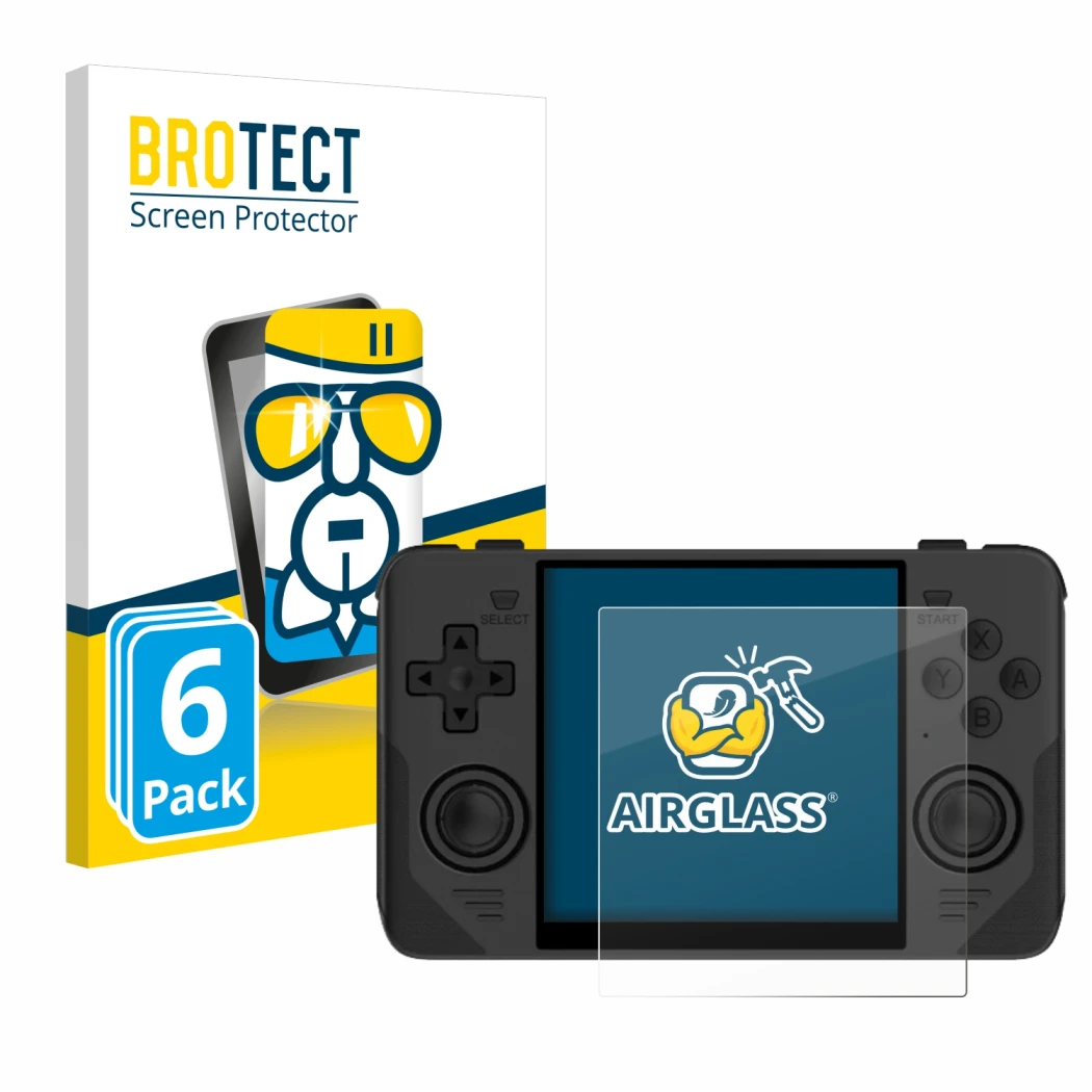 Front side of a product packaging with the brand logo BROTECT. Next to it is the device Powkiddy RGB30 shown with the correspo