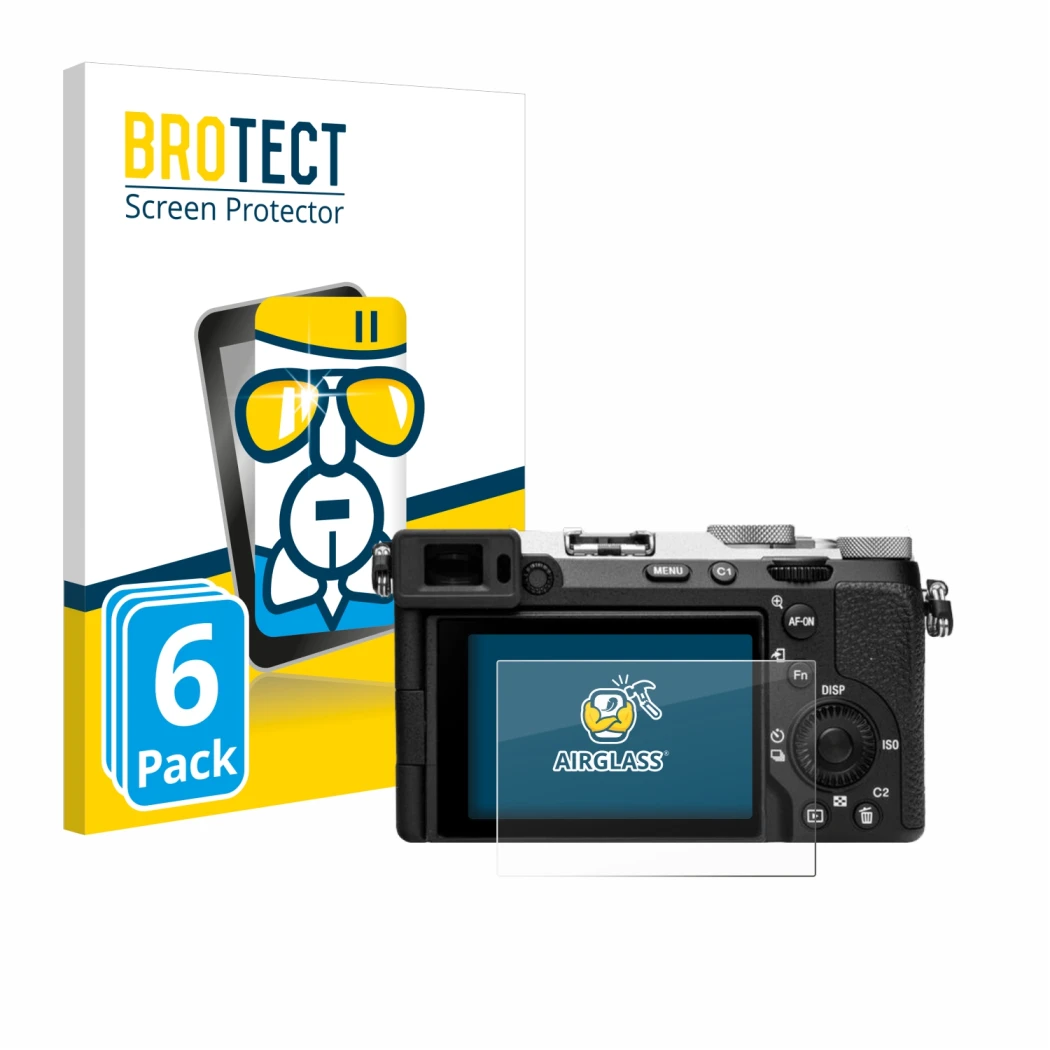 Front side of a product packaging with the brand logo BROTECT. Next to it is the device Sony Alpha 7C II (ILCE-7CM2) shown wit