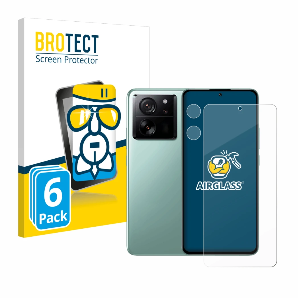 Front side of a product packaging with the brand logo BROTECT. Next to it is the device Xiaomi 13T Pro (Front+Camera) shown wi