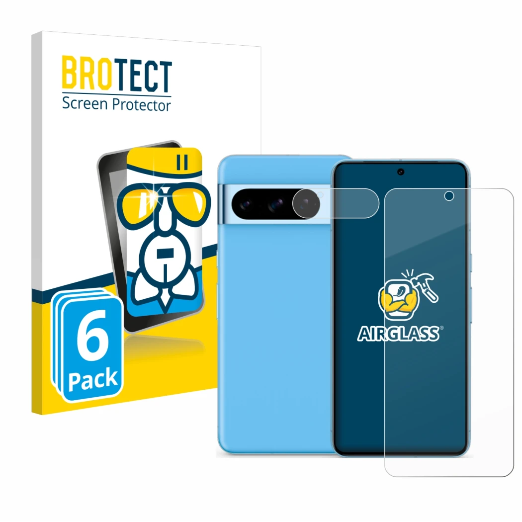 Front side of a product packaging with the brand logo BROTECT. Next to it is the device Google Pixel 8 Pro (Front+Camera) show