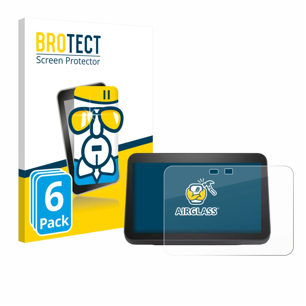 Front side of a product packaging with the brand logo BROTECT. Next to it is the device Amazon Echo Show 8 2023 (3th Gen.) sho