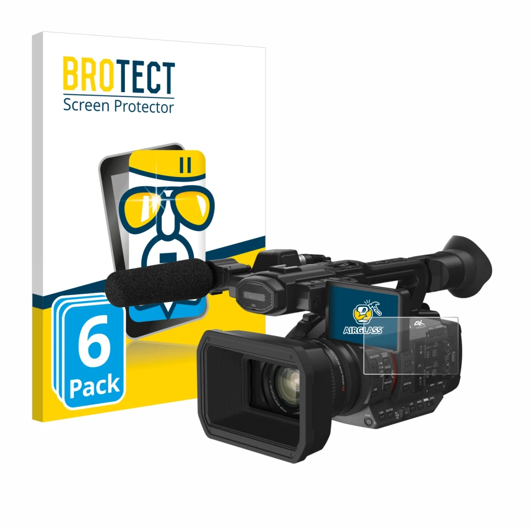 Front side of a product packaging with the brand logo BROTECT. Next to it is the device Panasonic HC-X2 shown with the corresp