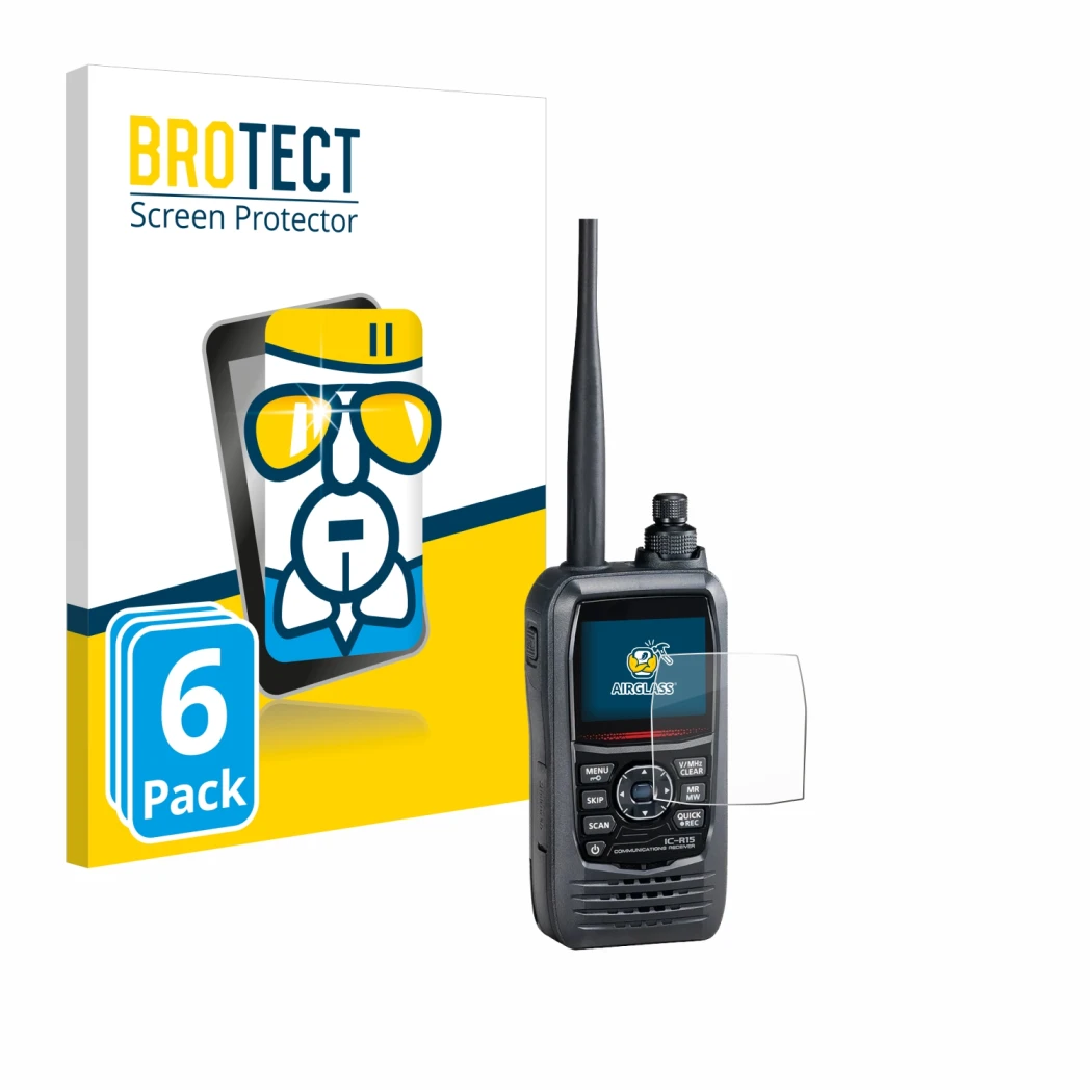 Front side of a product packaging with the brand logo BROTECT. Next to it is the device Icom IC-R15 shown with the correspondi