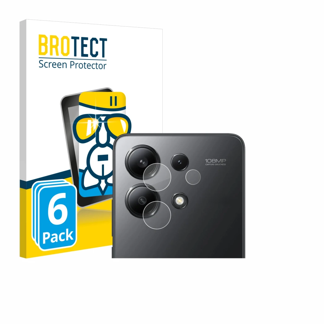 Front side of a product packaging with the brand logo BROTECT. Next to it is the device Xiaomi Redmi Note 13 (ONLY Camera Lens