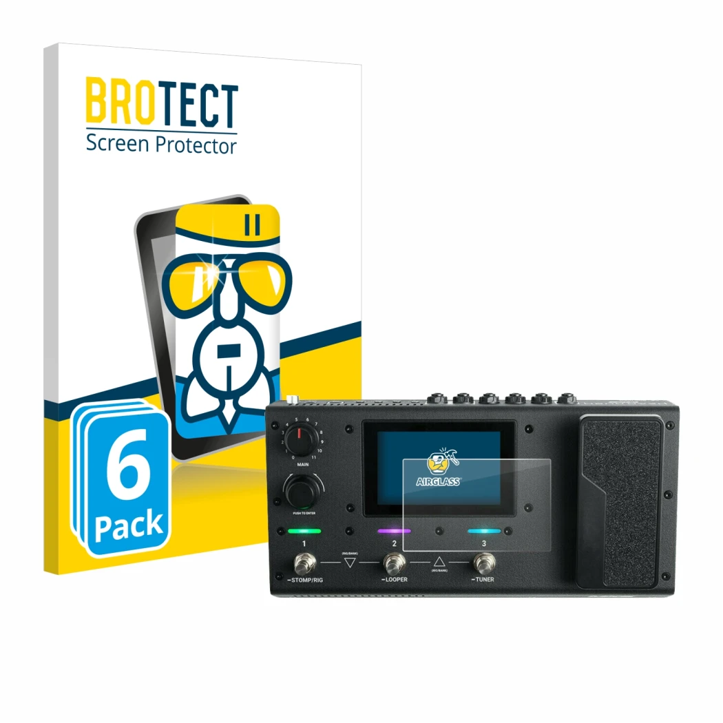 Front side of a product packaging with the brand logo BROTECT. Next to it is the device Headrush MX5 shown with the correspond
