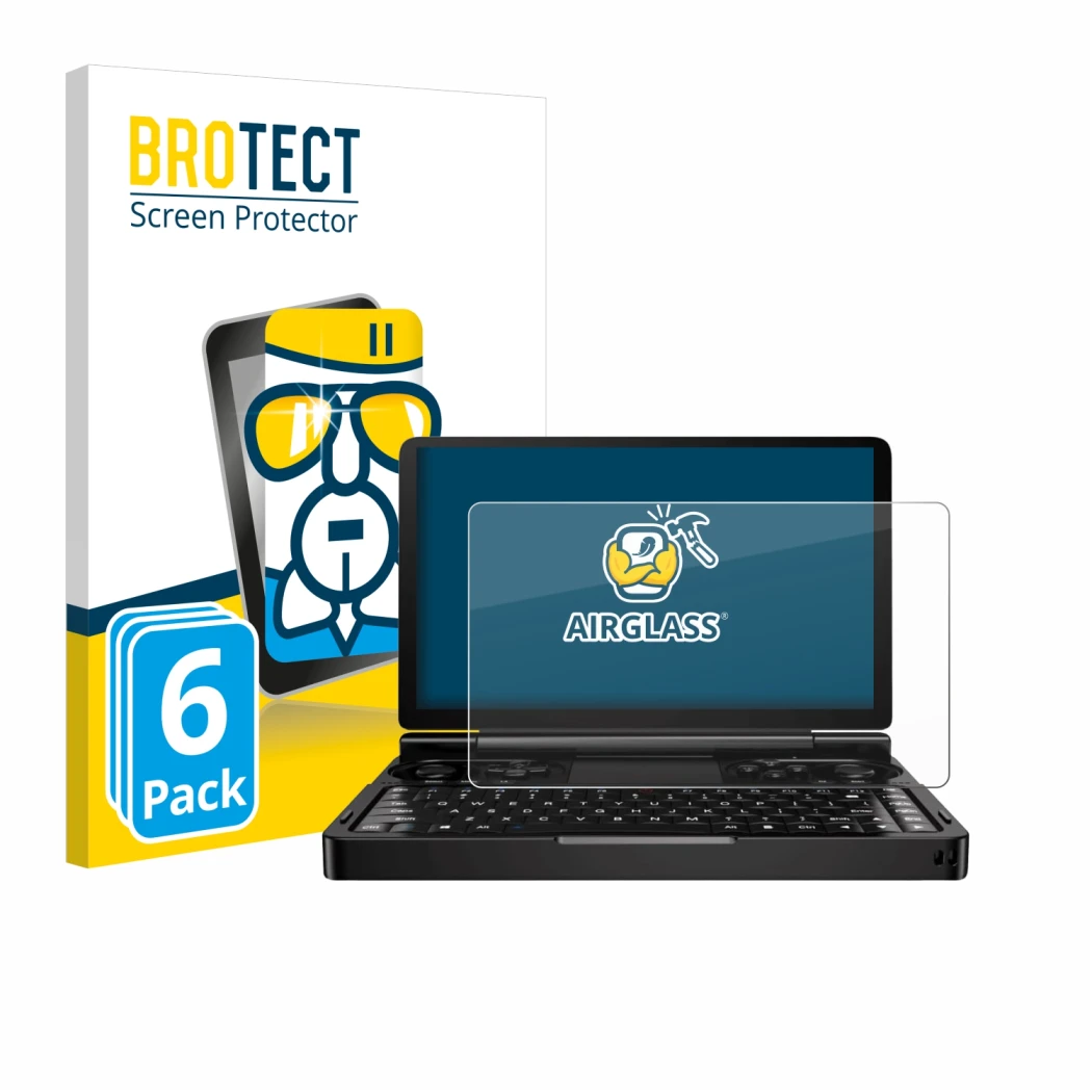 Front side of a product packaging with the brand logo BROTECT. Next to it is the device GPD Win Mini (2024) shown with the cor