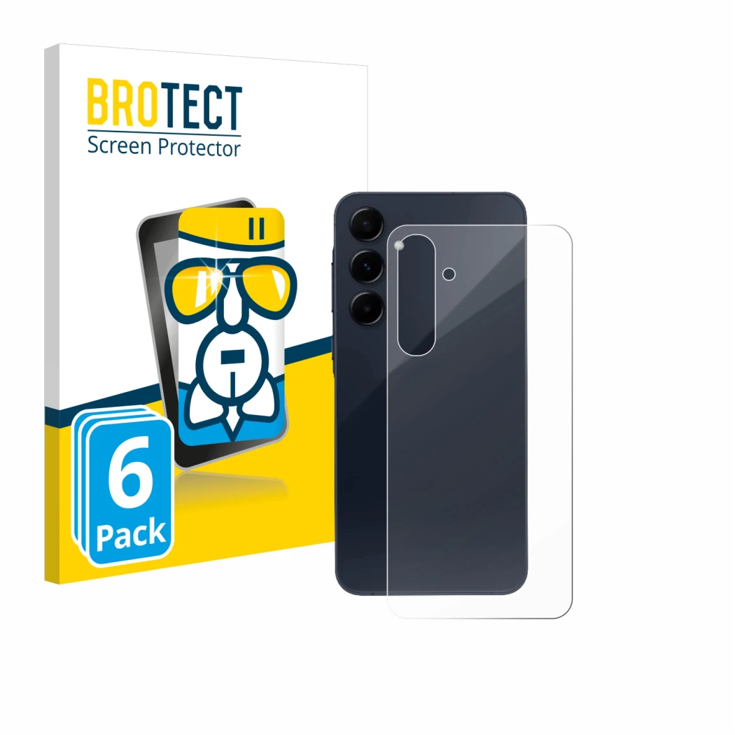 Front side of a product packaging with the brand logo BROTECT. Next to it is the device Samsung Galaxy A55 5G (Back) shown wit