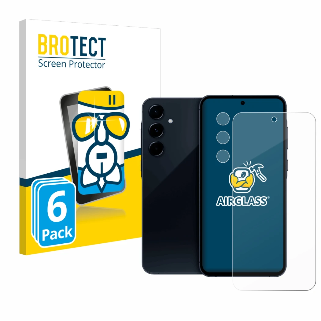 Front side of a product packaging with the brand logo BROTECT. Next to it is the device Samsung Galaxy A35 5G (Front+Camera) s