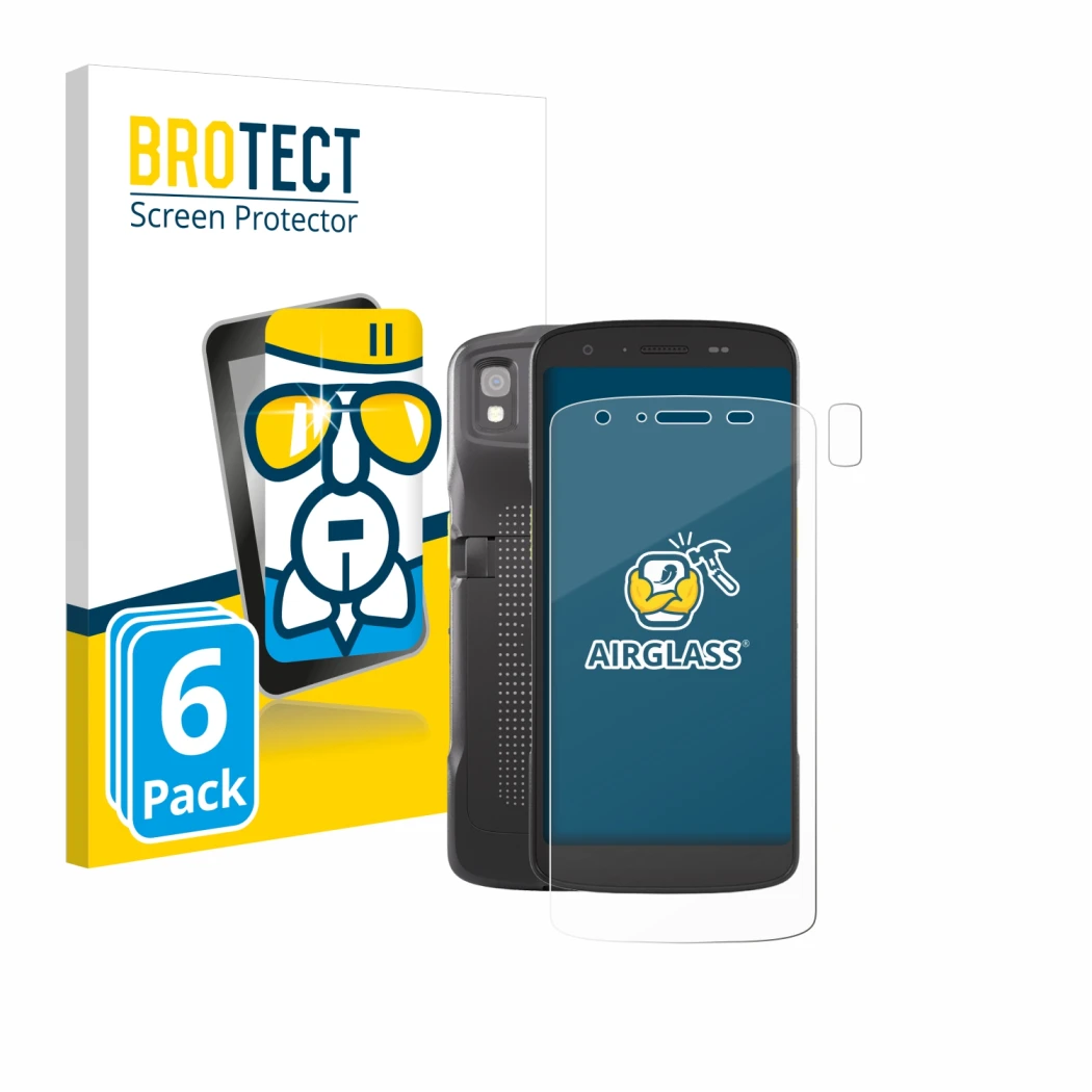 Front side of a product packaging with the brand logo BROTECT. Next to it is the device Zebra TC22 (Front+Camera) shown with t