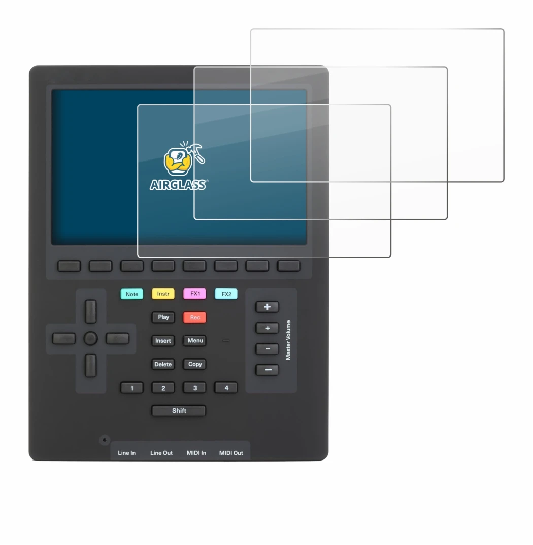 Image of the device Polyend Tracker Mini with a wide variety of screen protectors.