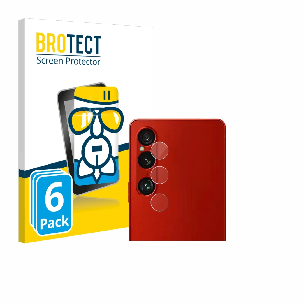 Front side of a product packaging with the brand logo BROTECT. Next to it is the device Sony Xperia 1 VI (ONLY Camera Lens) sh